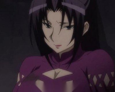 A whore in a purple dress with brown hair and big eyes stares at the camera.