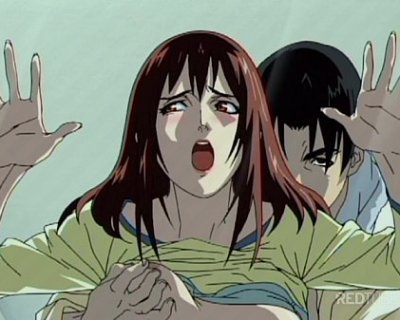 An anime slut with an evil look on her face is grabbing her tits.