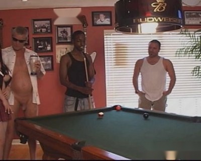 Korean whore plays pool while topless male with sunglasses watch. Tampa House Wives