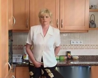 Kitchen Bitch Strokes Cock to Climax