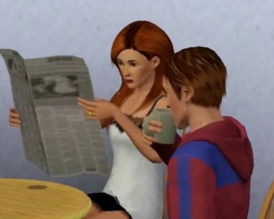 The Bet reading a newspaper with girlfriend. They are sitting at a table.