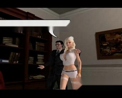 Virtual whore with large tits lounging on mans lap